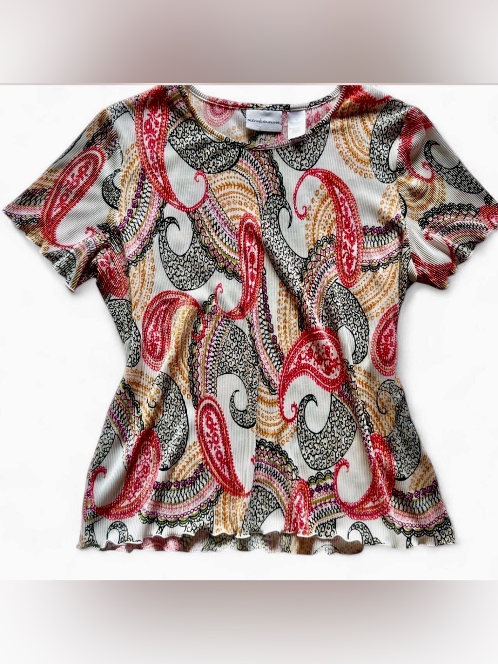 Alfred Dunner Y2k Red Black Paisley Pliss Crinkle Top Size Medium